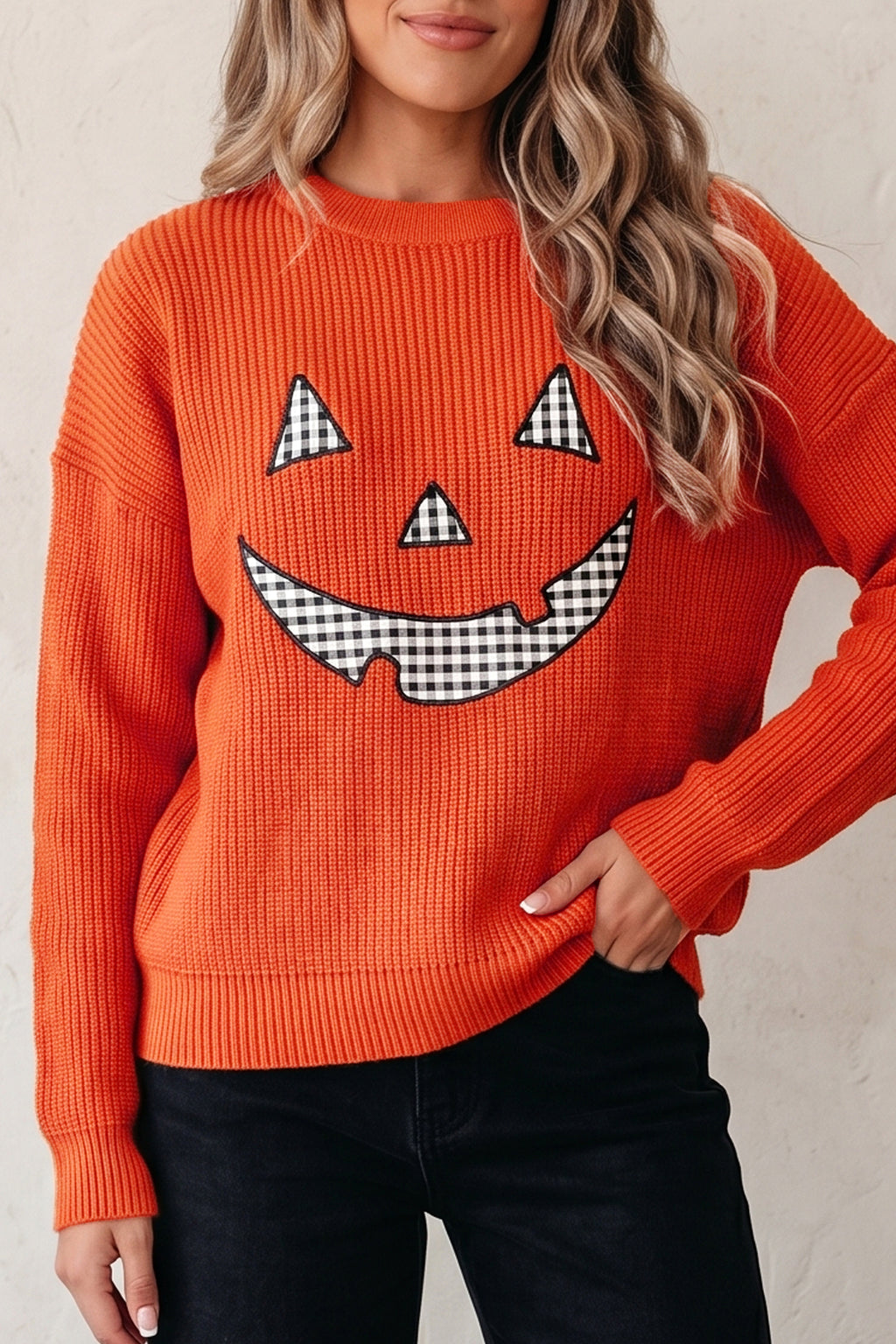 Orange Drop Shoulder Long Sleeve Round Neck Halloween Sweater 🇺🇸