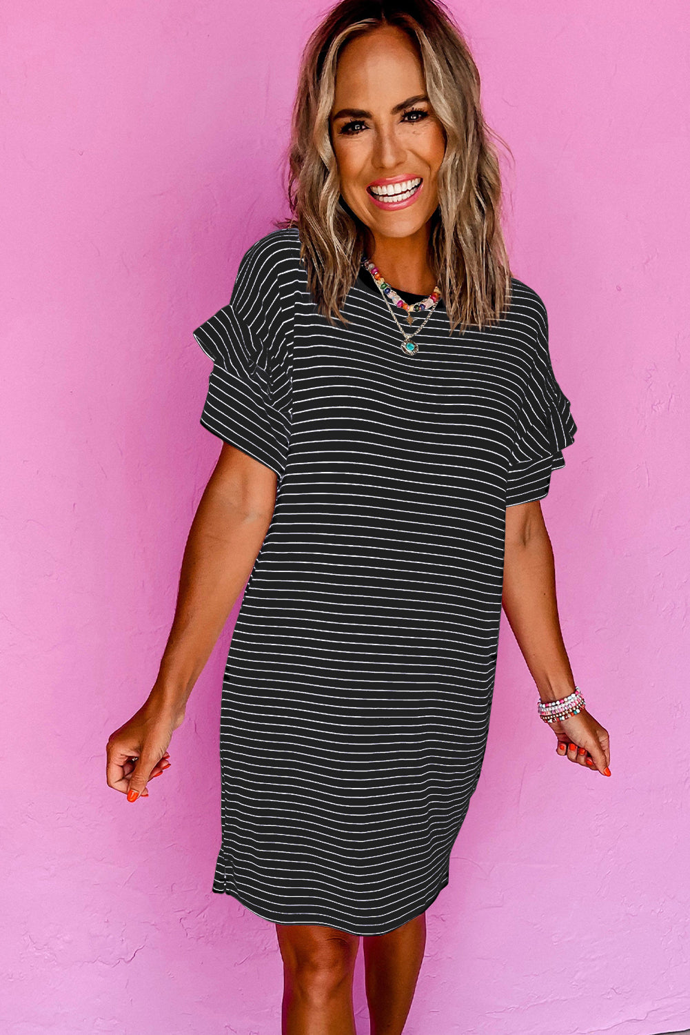 Black Stripe Ruffled Short Sleeve Crew Neck T Shirt Shift Mini Dress 🇨🇳