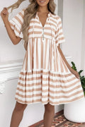 Khaki Stripe Tie V Neck Ruffle Trim Short Sleeve Flared Summer Dress 🇺🇸