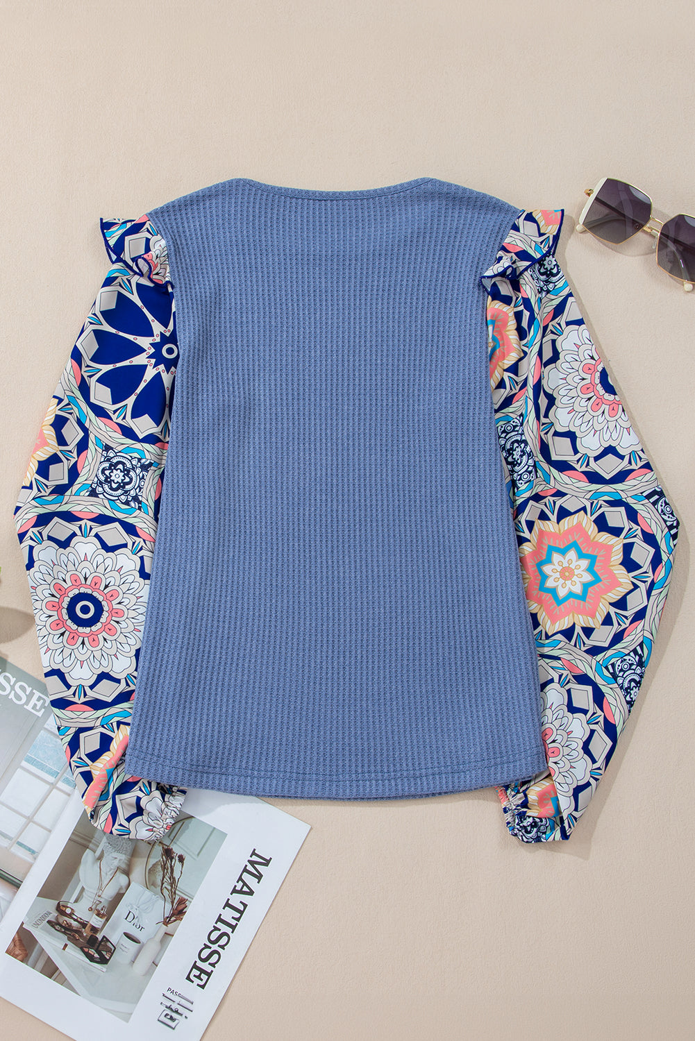 Ashleigh Blue Ruffled Floral Sleeve Patchwork Waffle Knit O Neck Blouse 🇺🇸