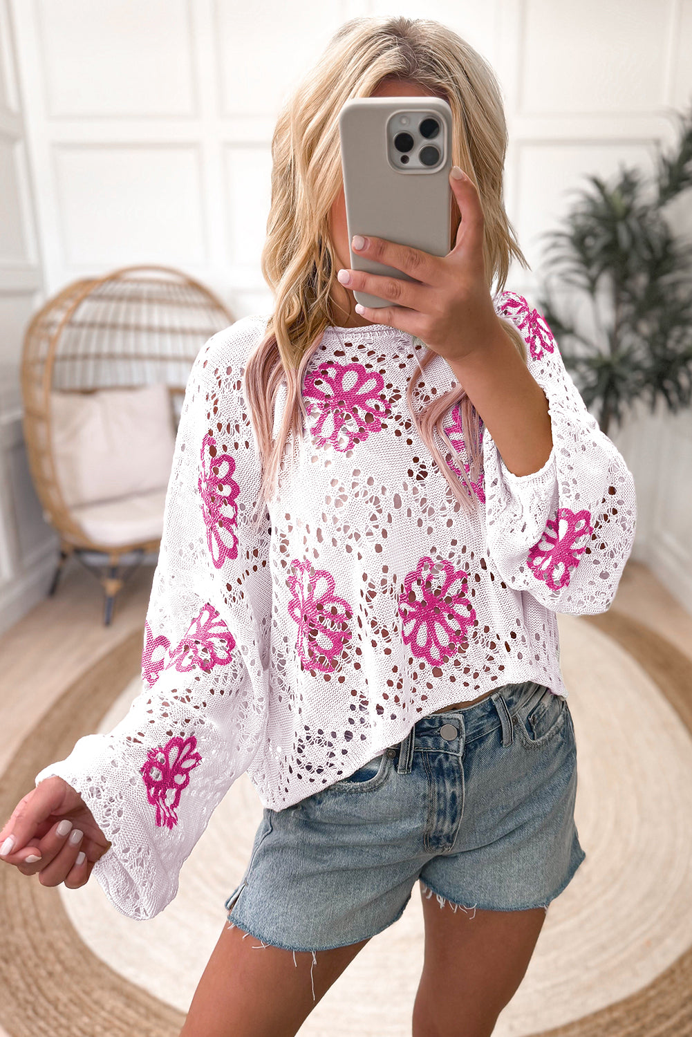 White Contrast Flower Print Eyelet Drop Shoulder Sweater 🇨🇳