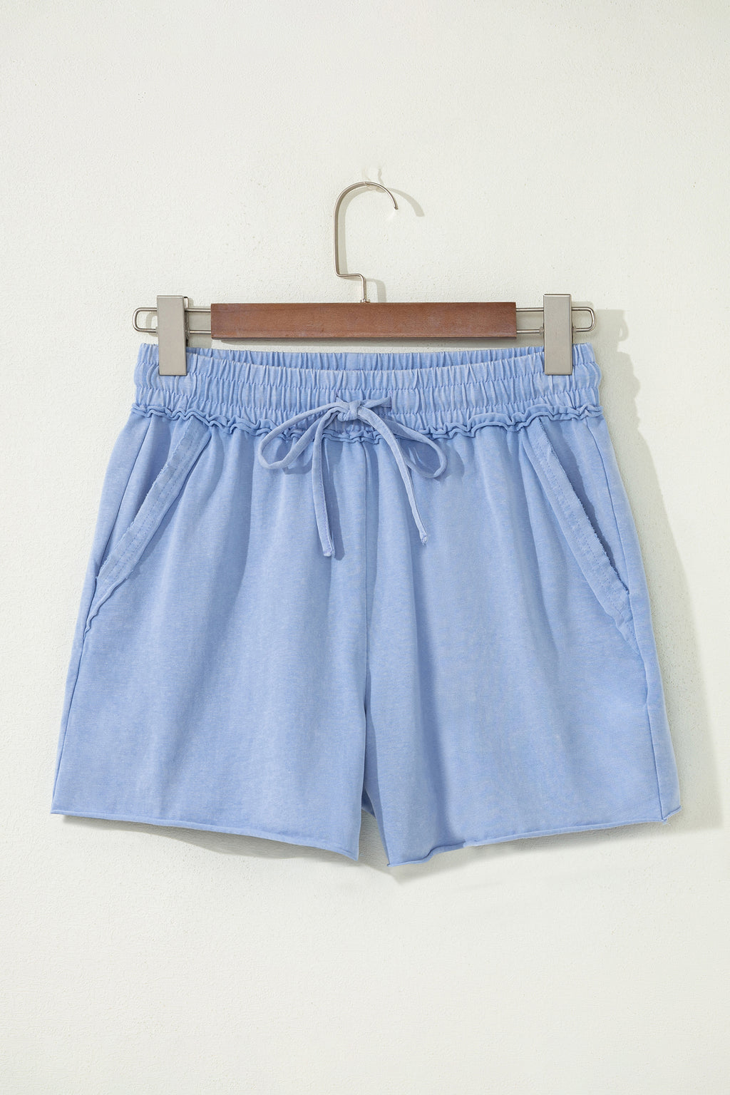 Sky Blue Mineral Washed Drawstring Elastic Waist Raw Cut Shorts 🇺🇸