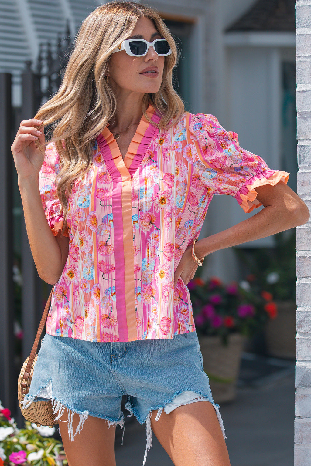 Pink Poppy Flower Striped Print Color Block Trim V Neck Short Sleeve Blouse 🇺🇸