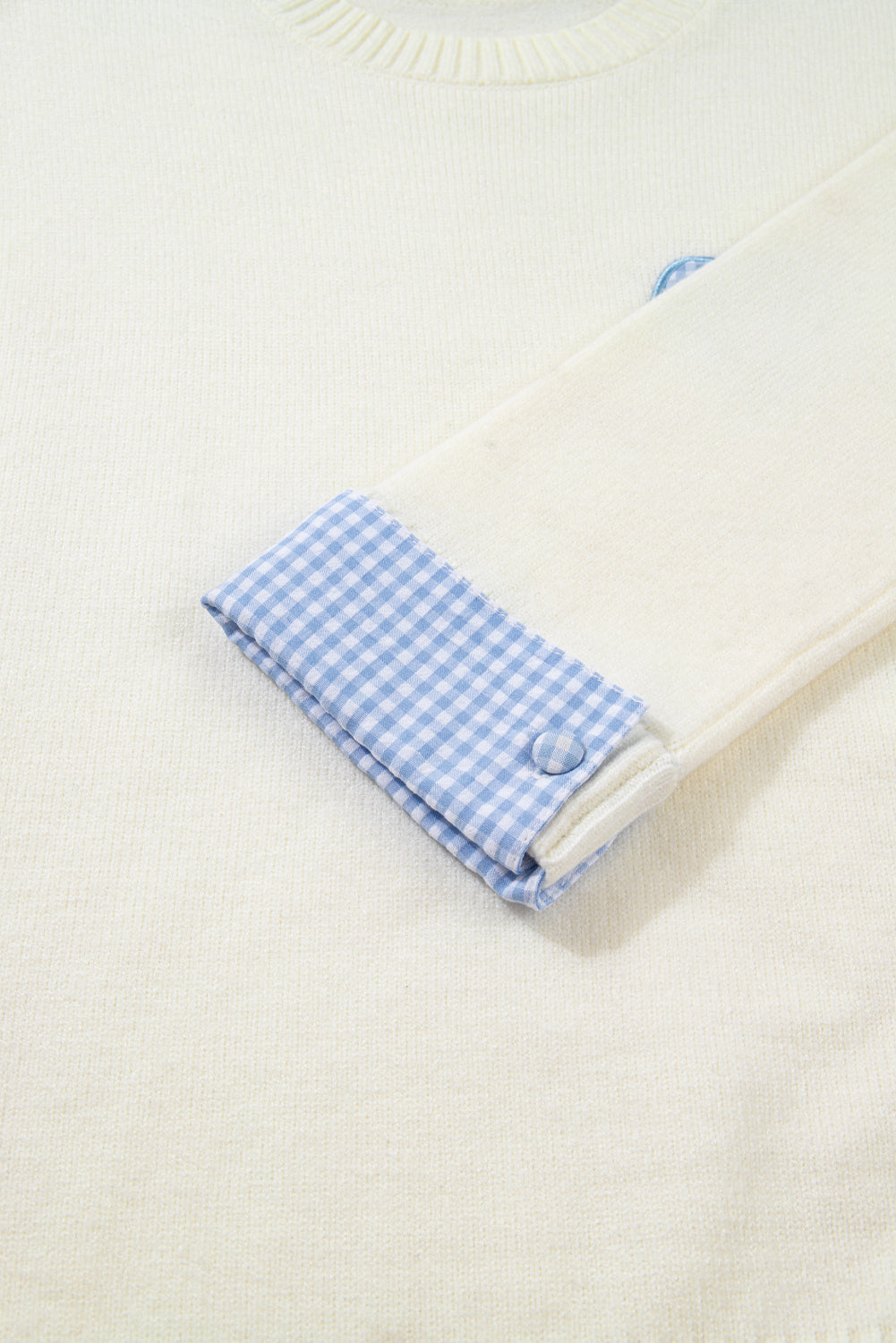 White Plaid Heart Embroidered Cuffed Drop Shoulder Crew Neck Sweater 🇺🇸