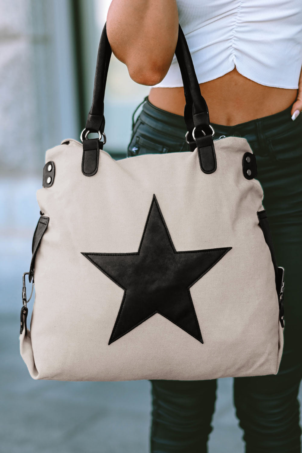 Beige Casual Five-pointed Star Canvas Tote Bag 🇨🇳