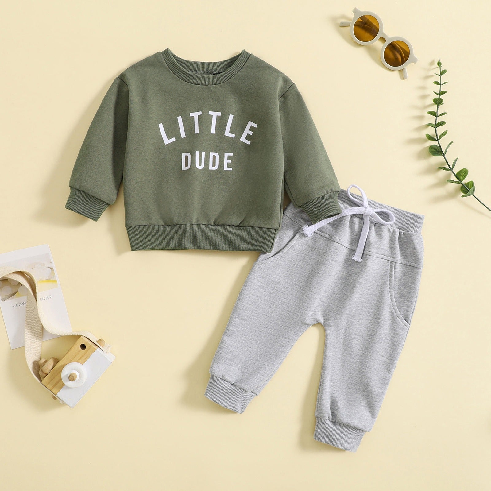 Children's round neck letter printed top solid color pants two-piece set multi-color design 🇨🇳