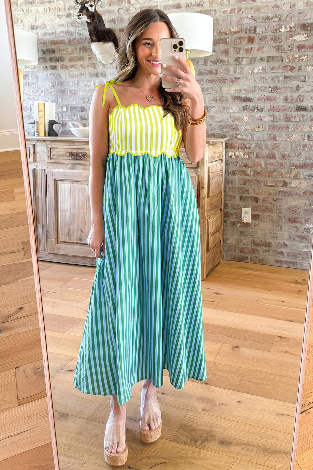 Green Stripe Scalloped Contrast Patchwork Knot Strap Midi Dress 🇺🇸
