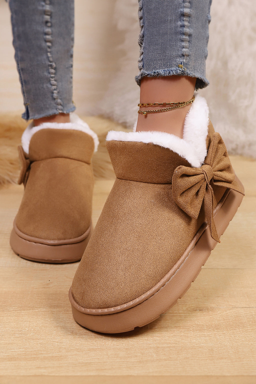 Brown Faux Suede Bow Decor Plush Lining Snow Booties 🇺🇸