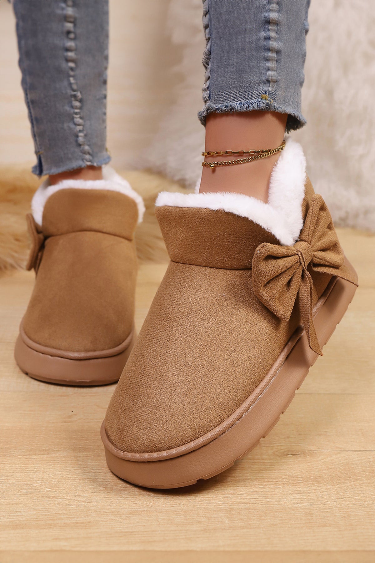 Brown Faux Suede Bow Decor Plush Lining Snow Booties 🇺🇸