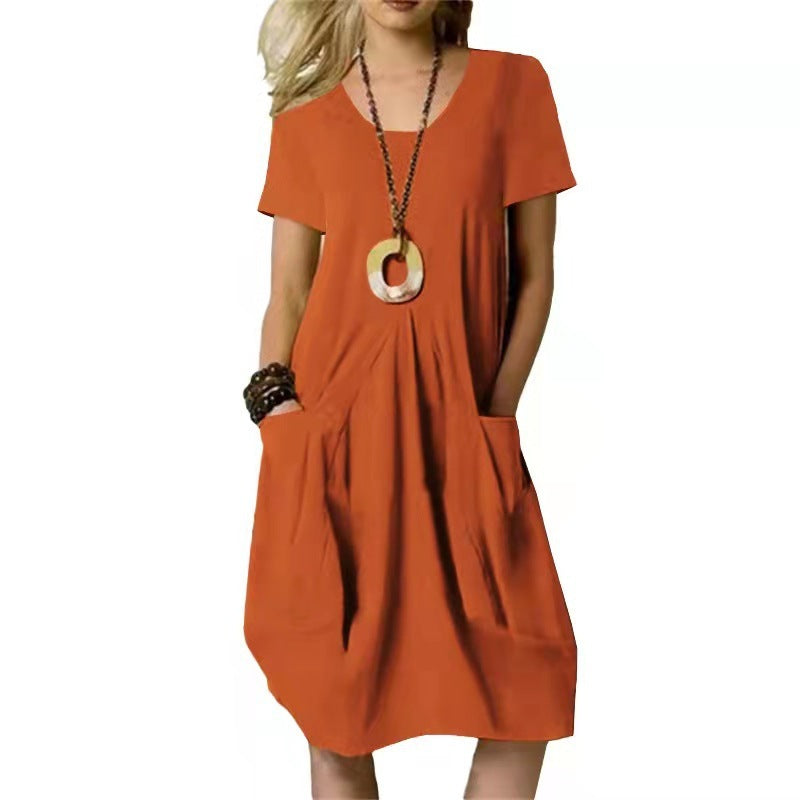 Cotton And Linen Solid Color Loose Round Neck Short Sleeve Dress 🇨🇳