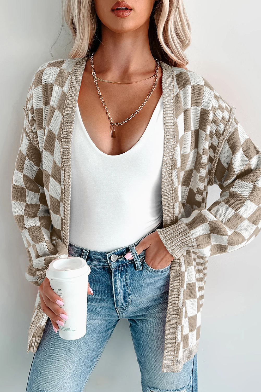 Brown Checkered Open Front Drop Shoulder Cardigan 🇺🇲
