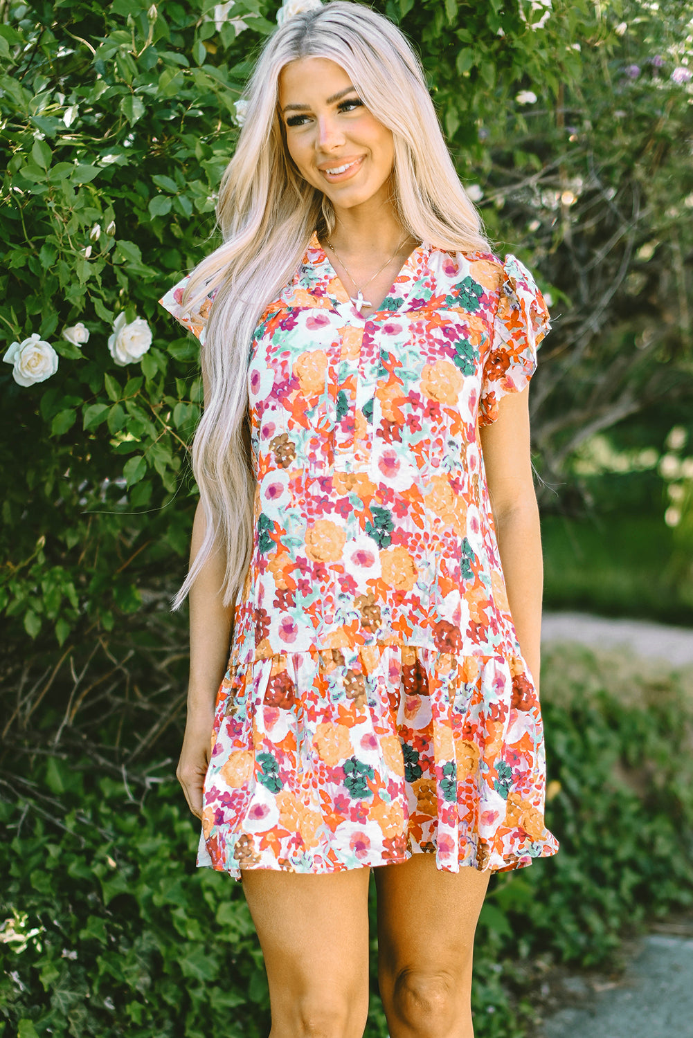 Purple Floral Print Split Neck Flutter Sleeve Dress 🇺🇸