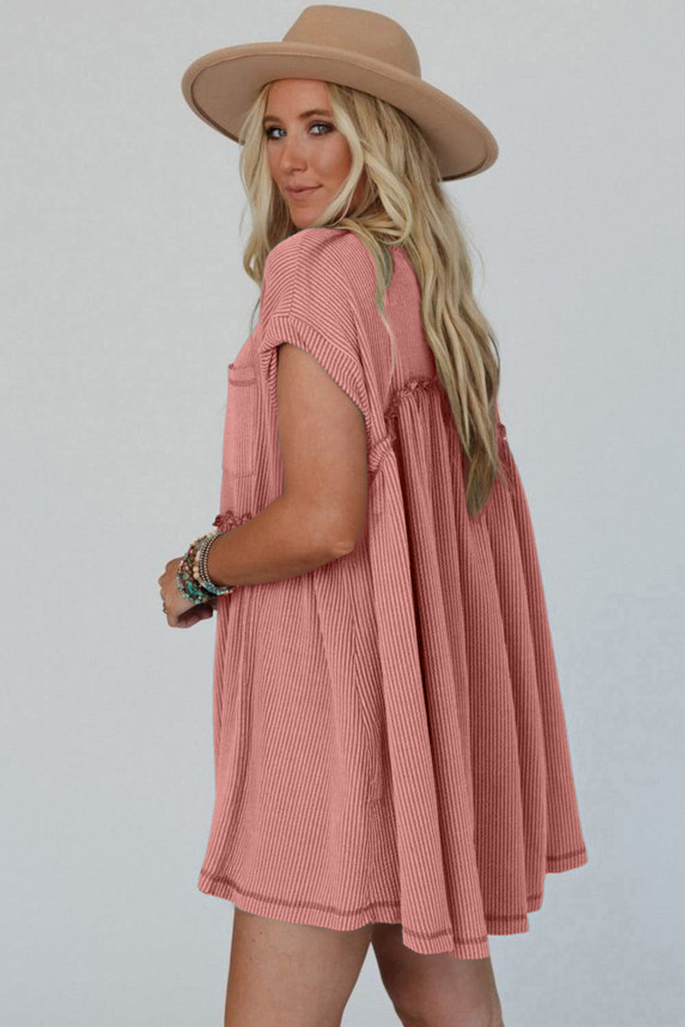 Dusty Pink Corded Knit Textured Patched Pocket Frilled Swing Mini Dress with Pockets 🇨🇳