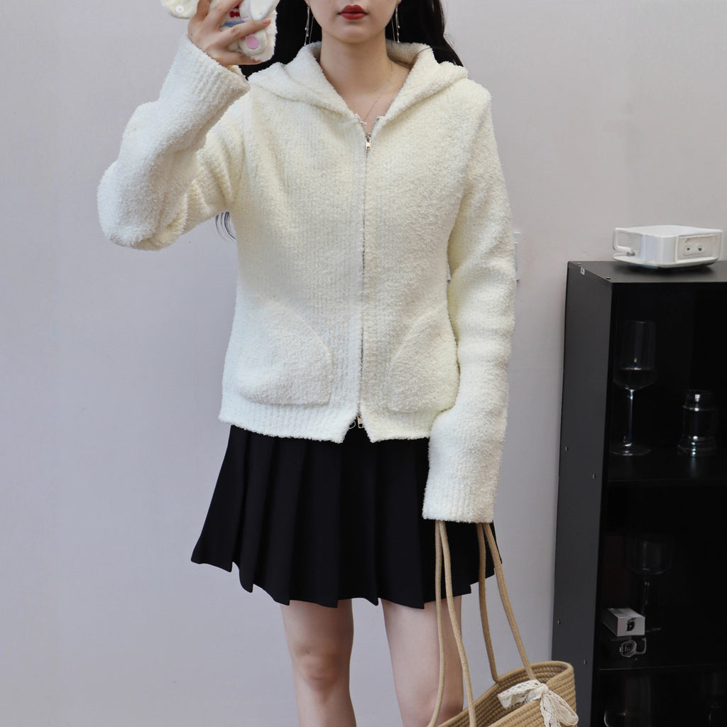 Solid Color Double Zipper Hooded Knit Cardigan 🇨🇳