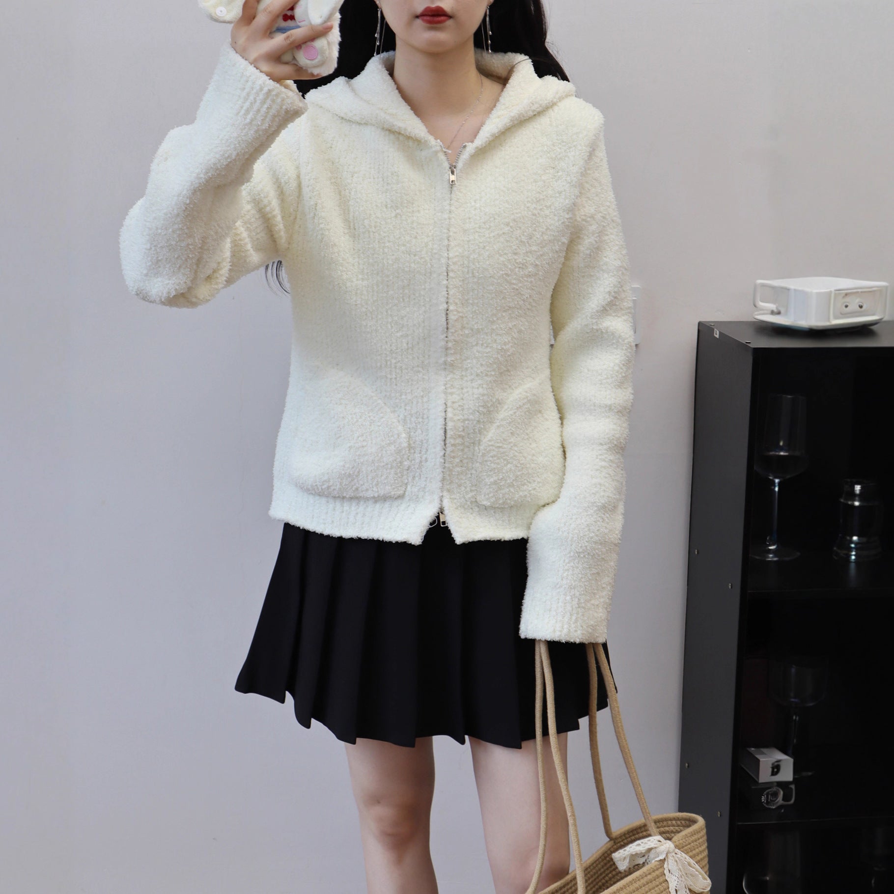 Solid Color Double Zipper Hooded Knit Cardigan 🇨🇳