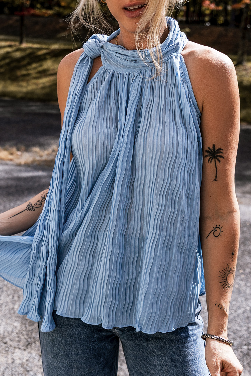 Myosotis Textured Pleated Tied Mock Neck Flowy Tank Top 🇨🇳