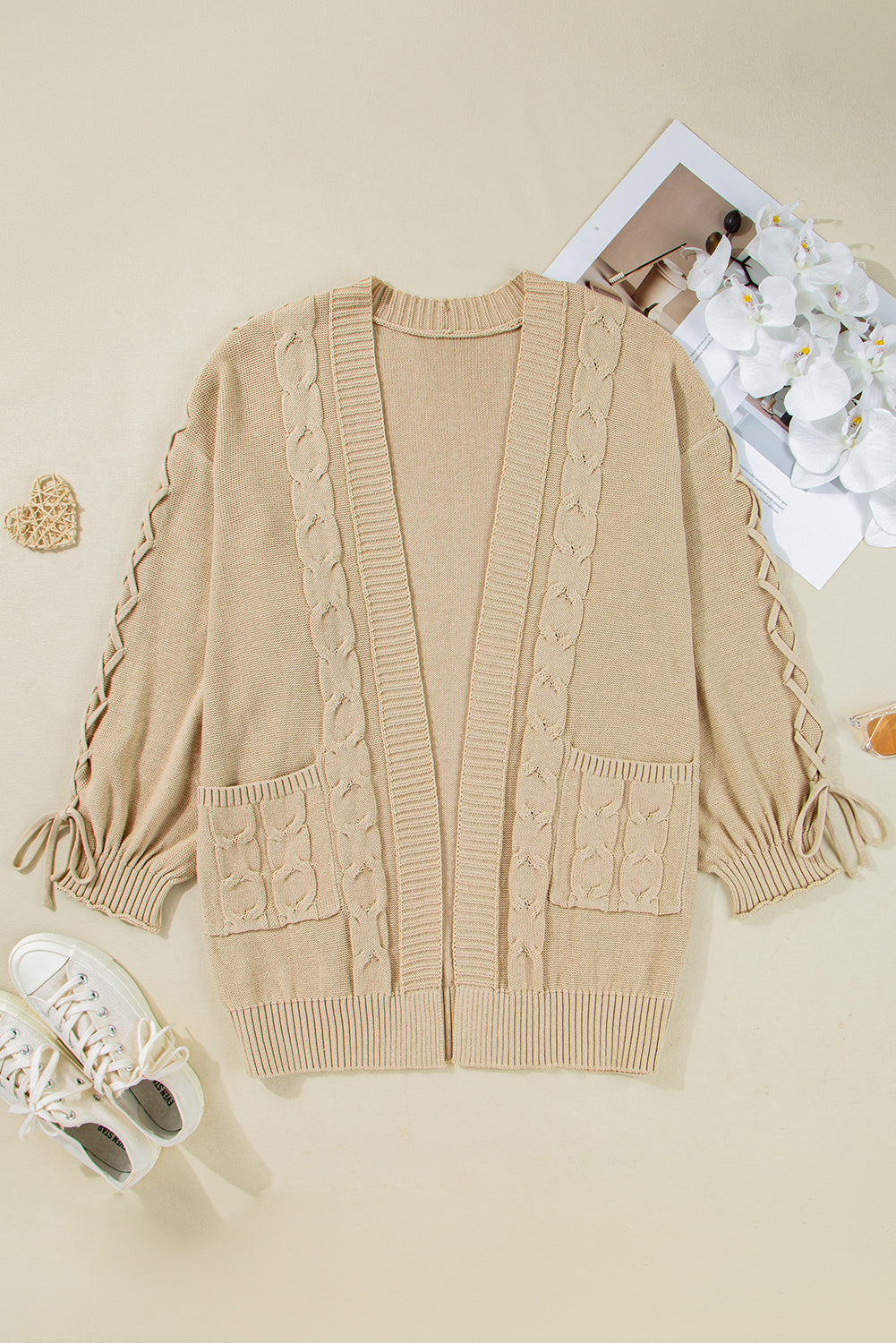 Parchment Cable Knit Braided Tie Sleeve Plus Size Open Cardigan 🇺🇲