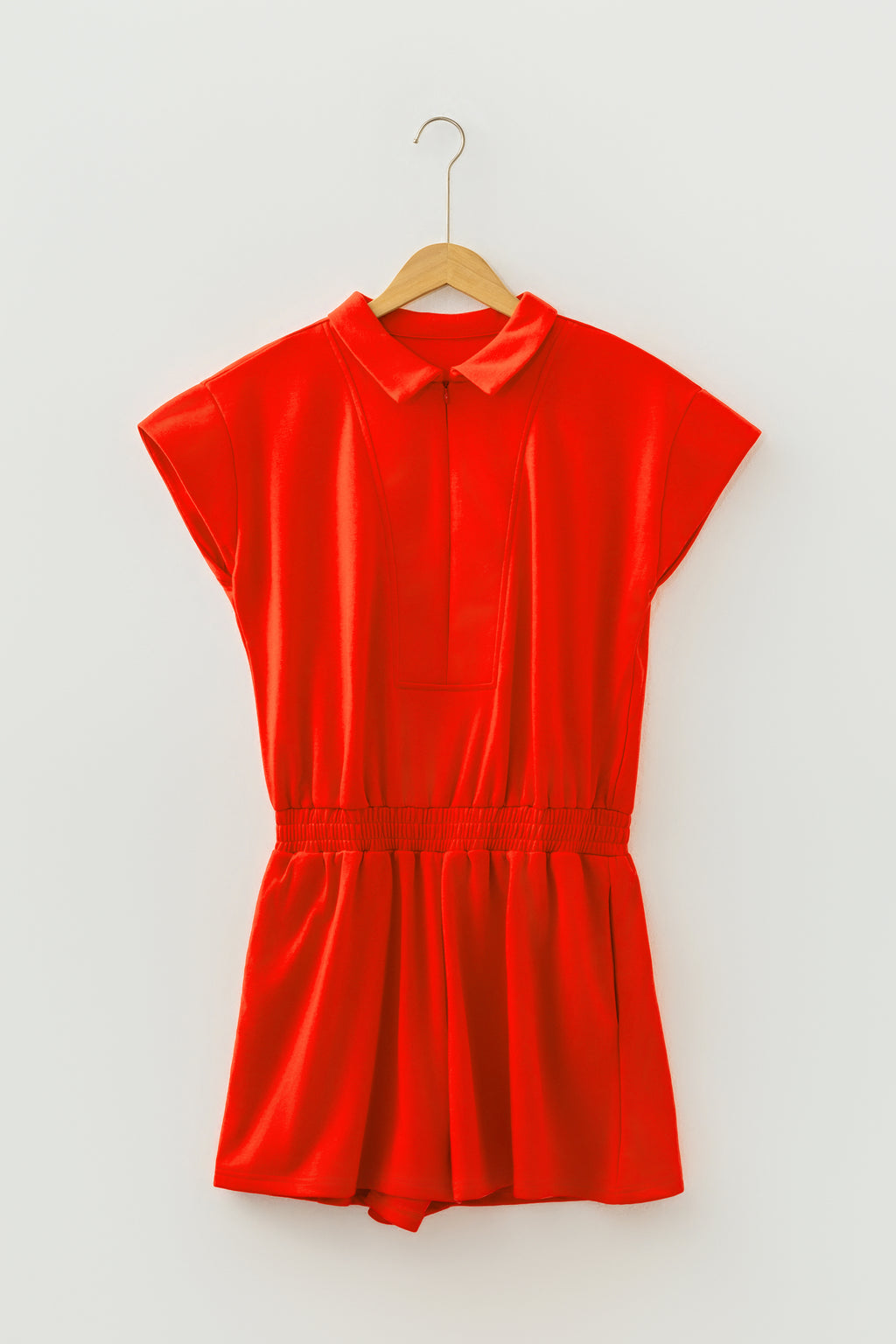 Tomato Red Half Zip Polo Tee Elastic Waist Romper 🇺🇸