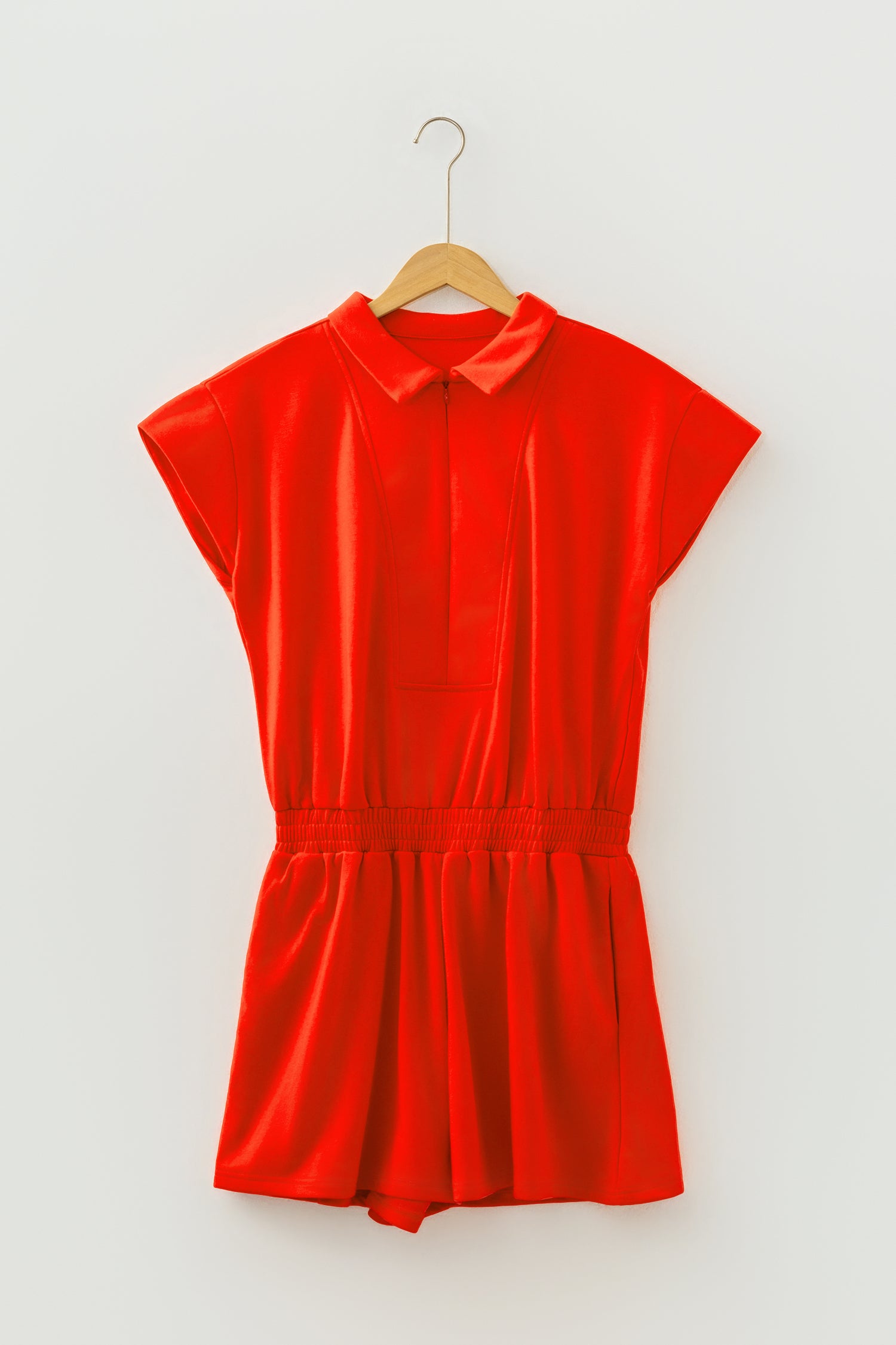 Tomato Red Half Zip Polo Tee Elastic Waist Romper 🇺🇸