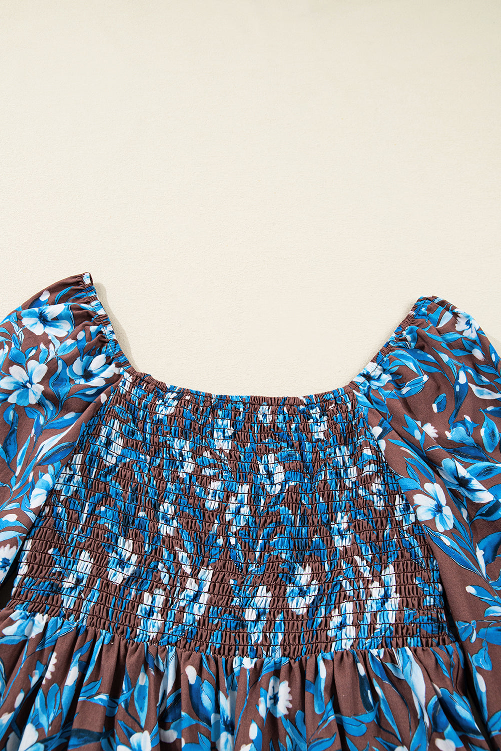 Blue Smocked Bodice High Waist Ruffled Sleeve Floral Dress 🇺🇸