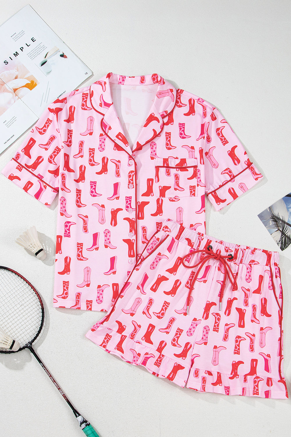 Pink Western Cowgirl Boots Printed Shirt Ruffled Shorts Pajama Set 🇨🇳