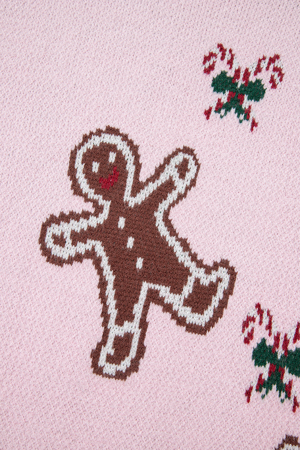 Pink Christmas Ginger Bread Man Print Round Neck Casual Sweater 🇺🇸