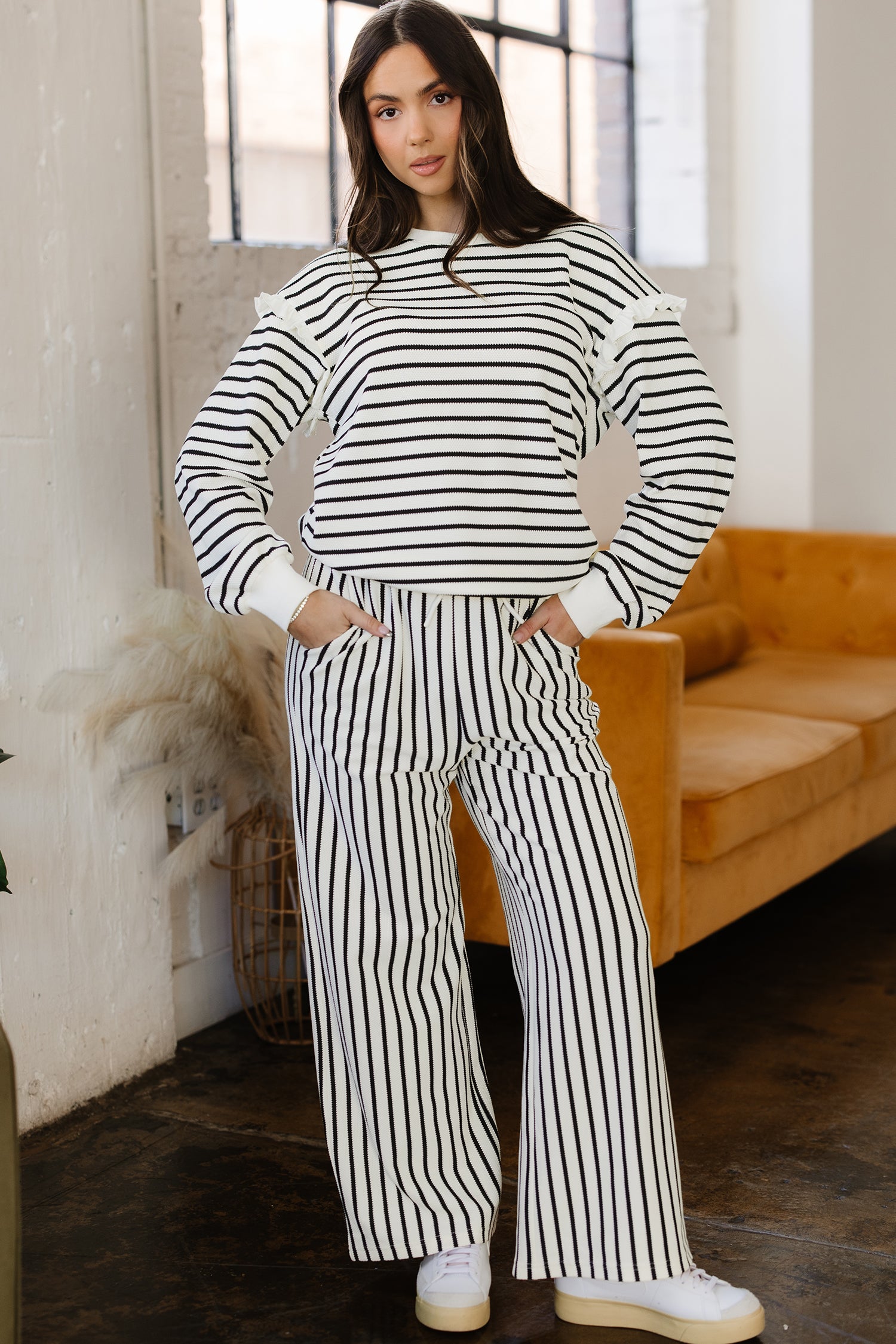 White Stripe Ruffle Trim Drop Shoulder Top Drawstring Loose Pant Set 🇺🇸