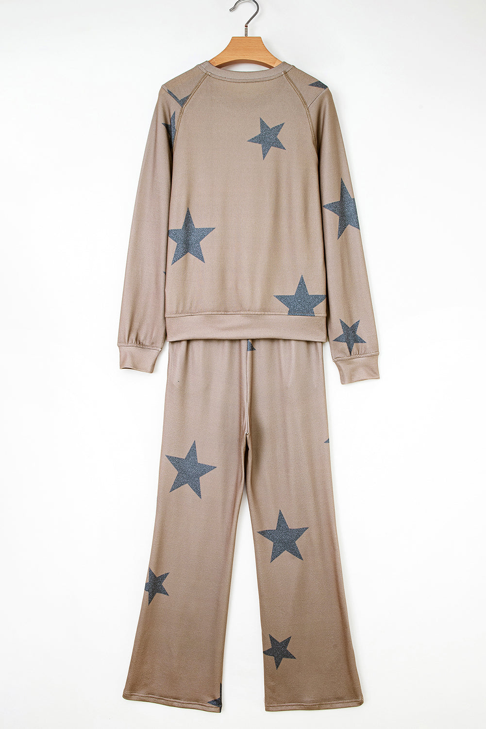 Khaki Retro Star Print Loose Long Sleeve Drawstring Wide Leg 2pcs Lounge Set 🇺🇸