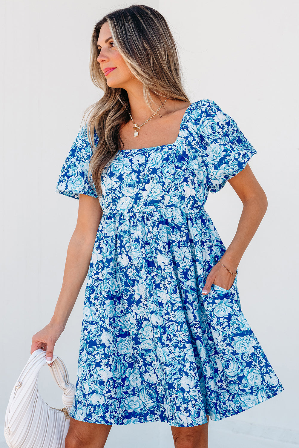 Blue Floral Puff Sleeve Babydoll Mini Dress 🇺🇸