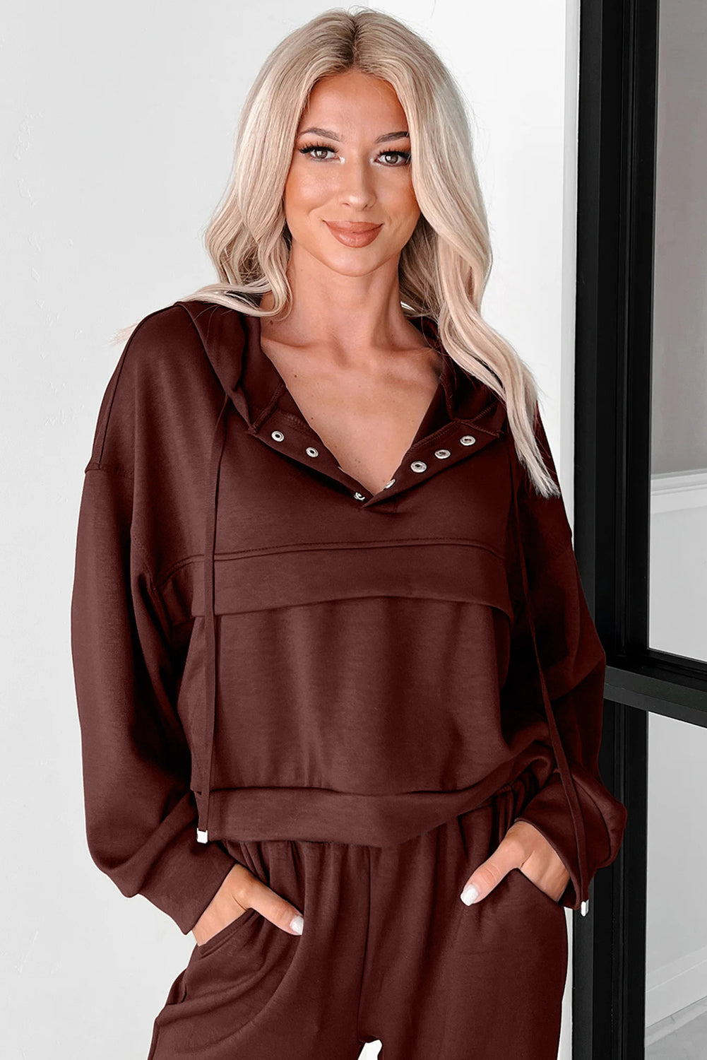 Chicory Coffee Button Drawstring Cropped Hoodie Jogger 2pcs Set 🇺🇸