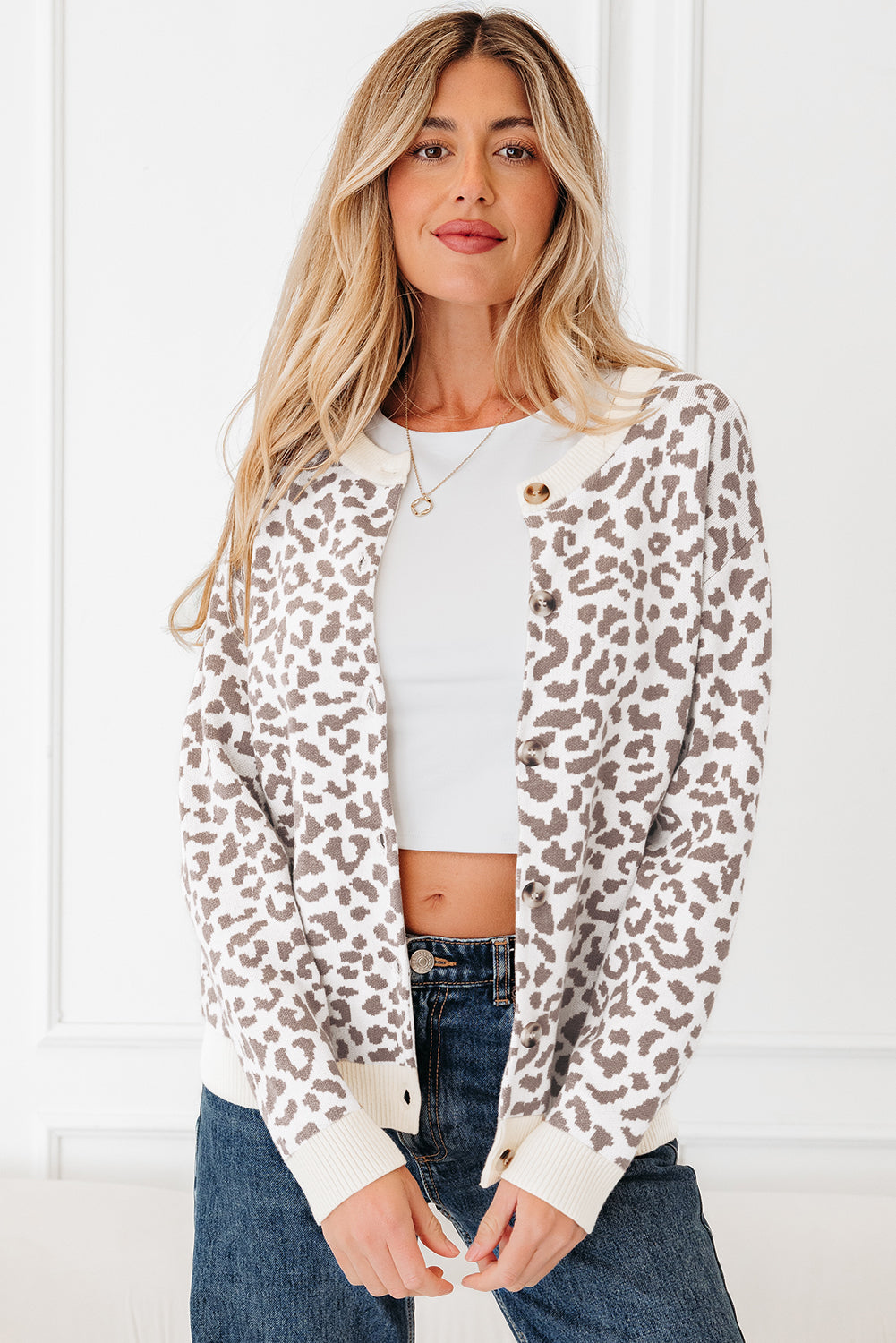 Khaki Leopard Drop Shoulder Chunky Knitted Cardigan Sweater 🇺🇸