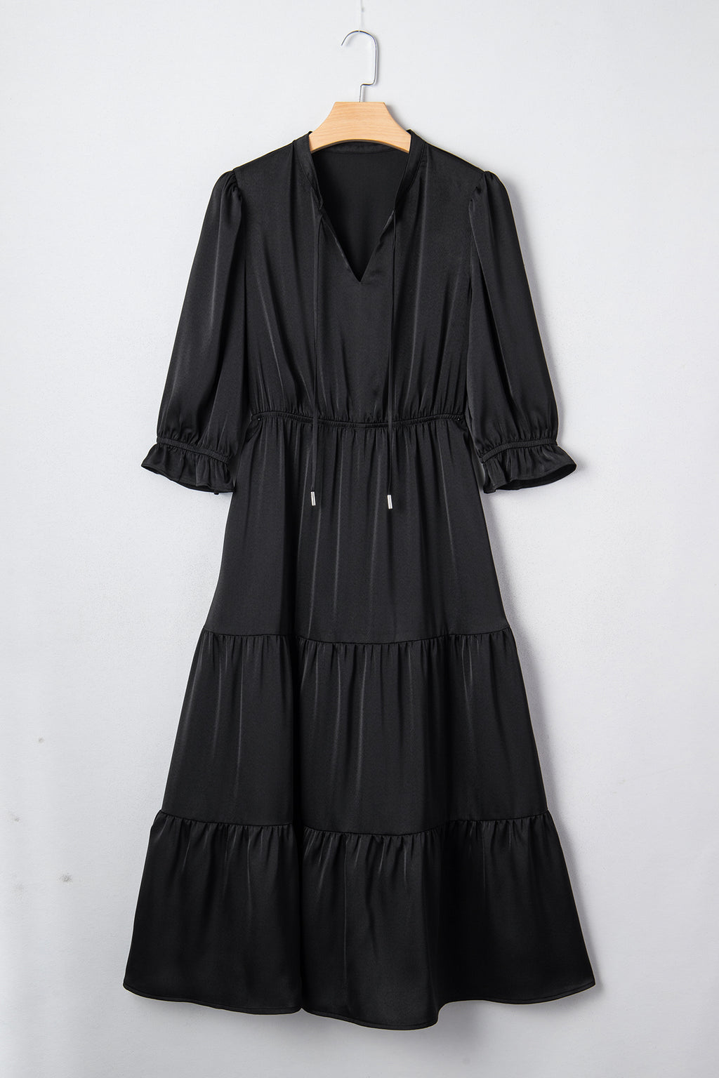 Black Flounced Bracelet Sleeve V Neck Tiered Maxi Dress 🇺🇸