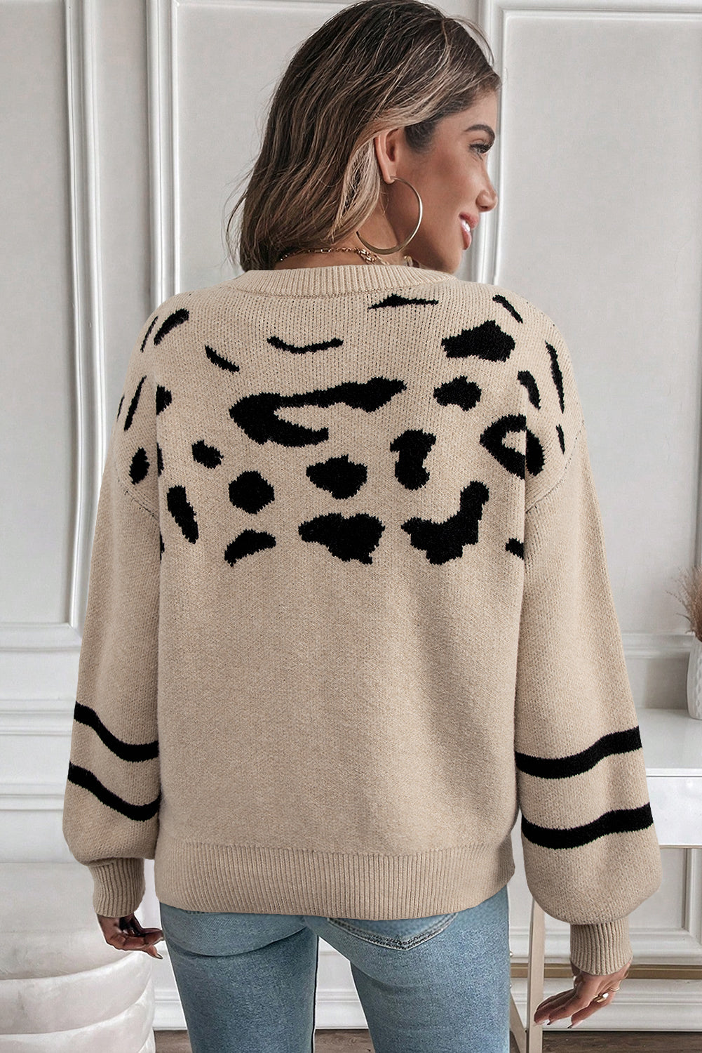 Khaki Leopard Striped Detail Drop Shoulder Sweater 🇺🇸