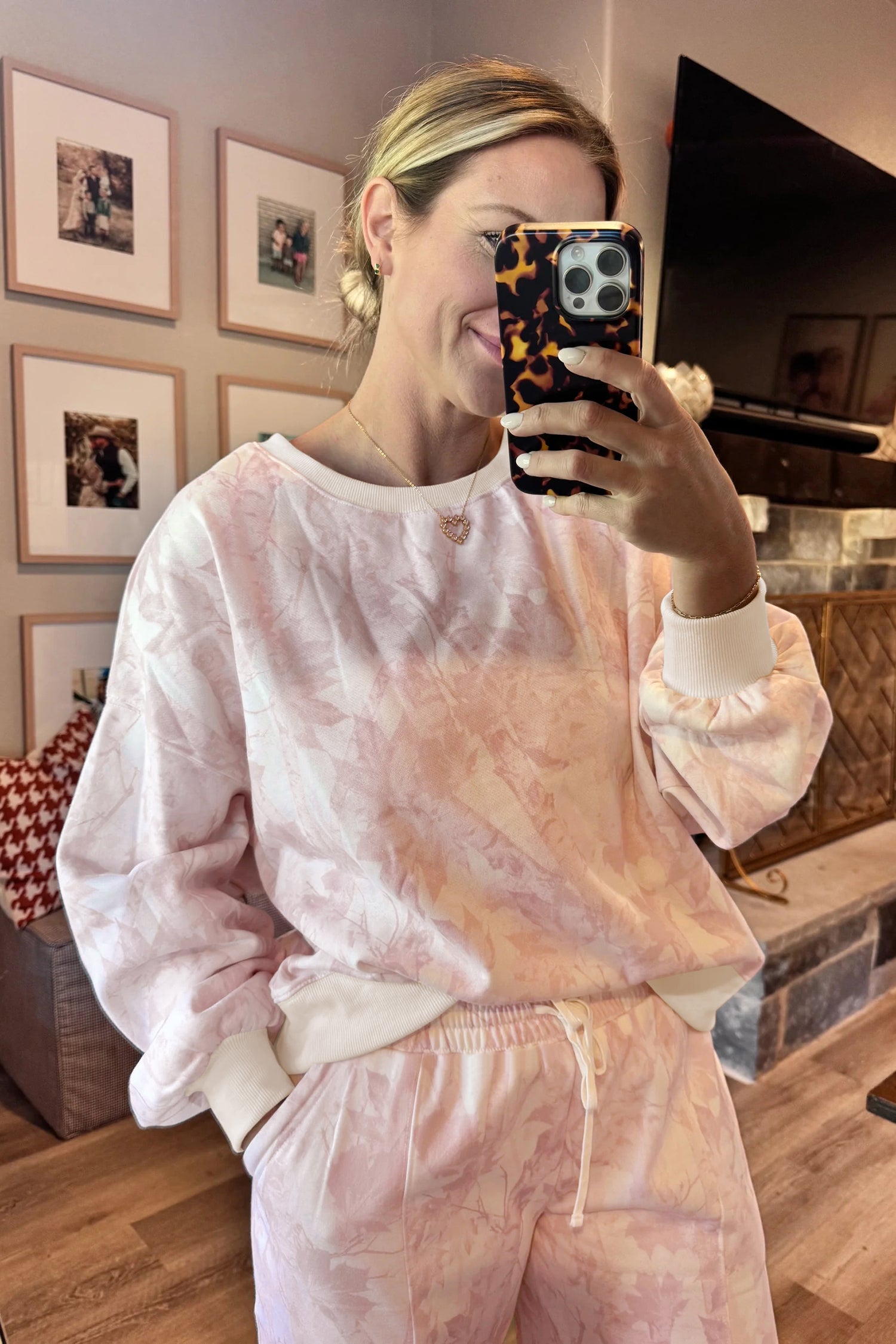 Pink Abstract Print Drop Shoulder Drawstring Waist Drawstring Hem Pant Set 🇺🇸