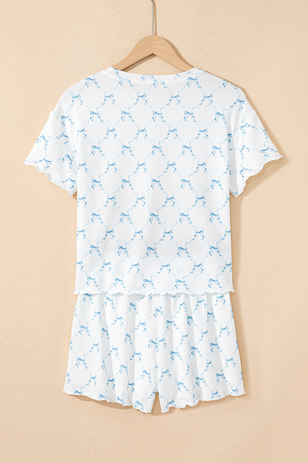 Sky Blue Bow Knot Geometric Print Lettuce Trim Two Piece Lounge Set 🇨🇳