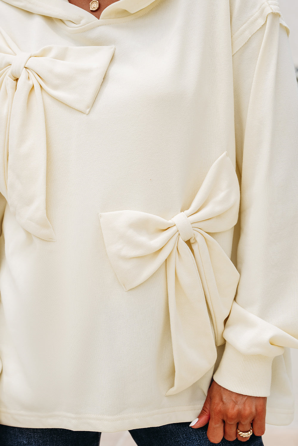 White Solid Color Cute Bow Detail Loose Hoodie 🇺🇲