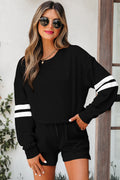 Black Varsity Striped Sleeve Drop Shoulder Sweatshirt and Short Set 🇺🇲