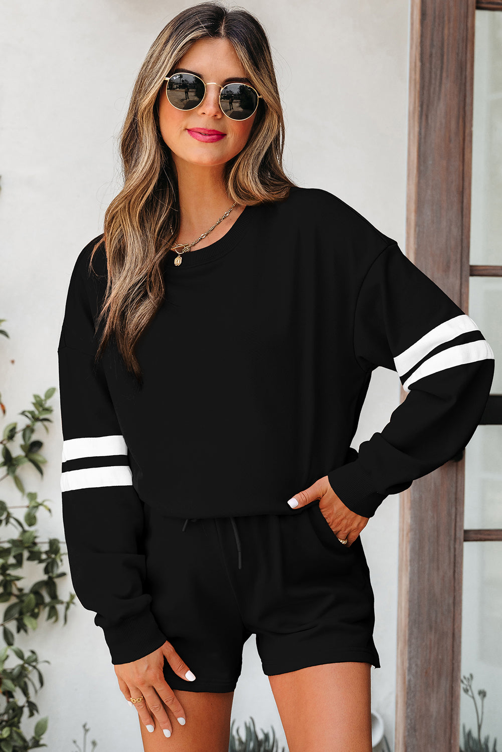 Black Varsity Striped Sleeve Drop Shoulder Sweatshirt and Short Set 🇺🇲