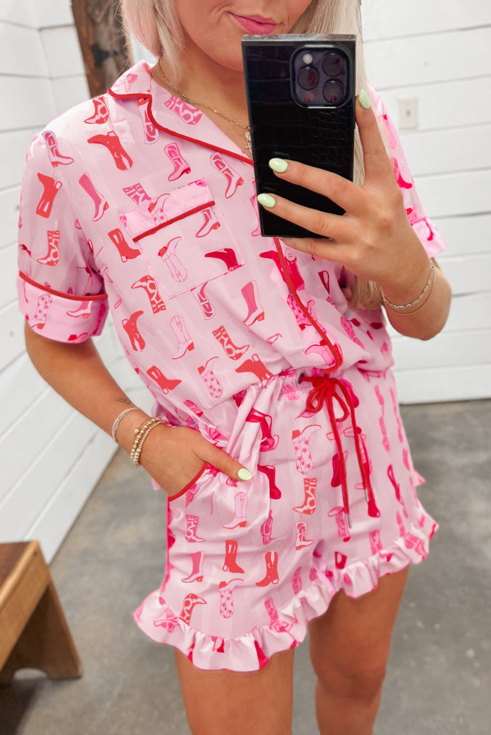 Pink Western Cowgirl Boots Printed Shirt Ruffled Shorts Pajama Set 🇨🇳