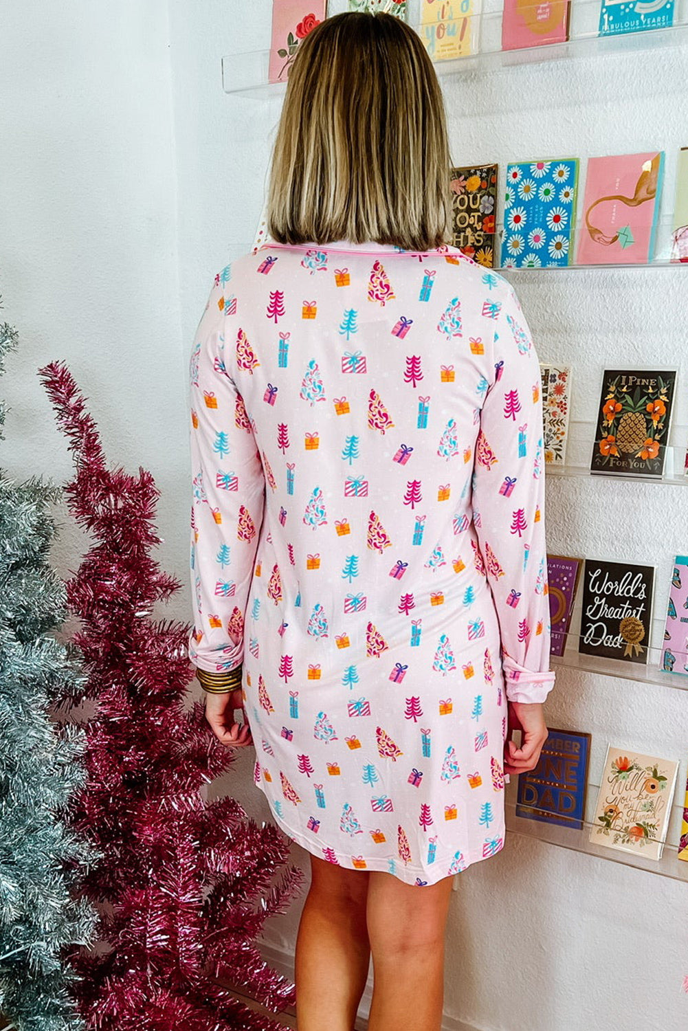 Pink Christmas Twinkle Tree Print Shirt Sleep Dress 🇺🇸