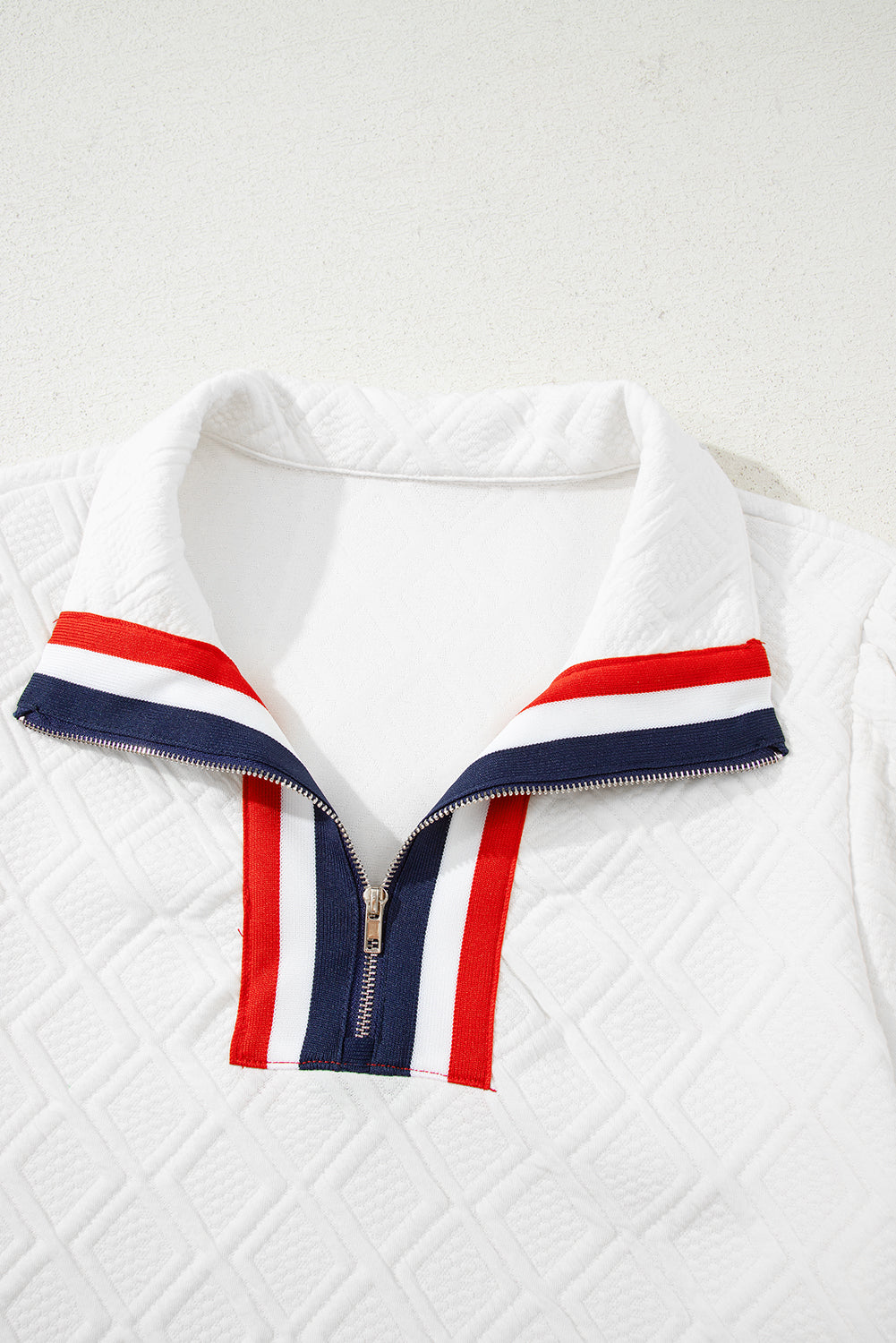 White Textured Jacquard Colorblock Edge Puff Sleeve Quarter Zip Mini Dress 🇨🇳