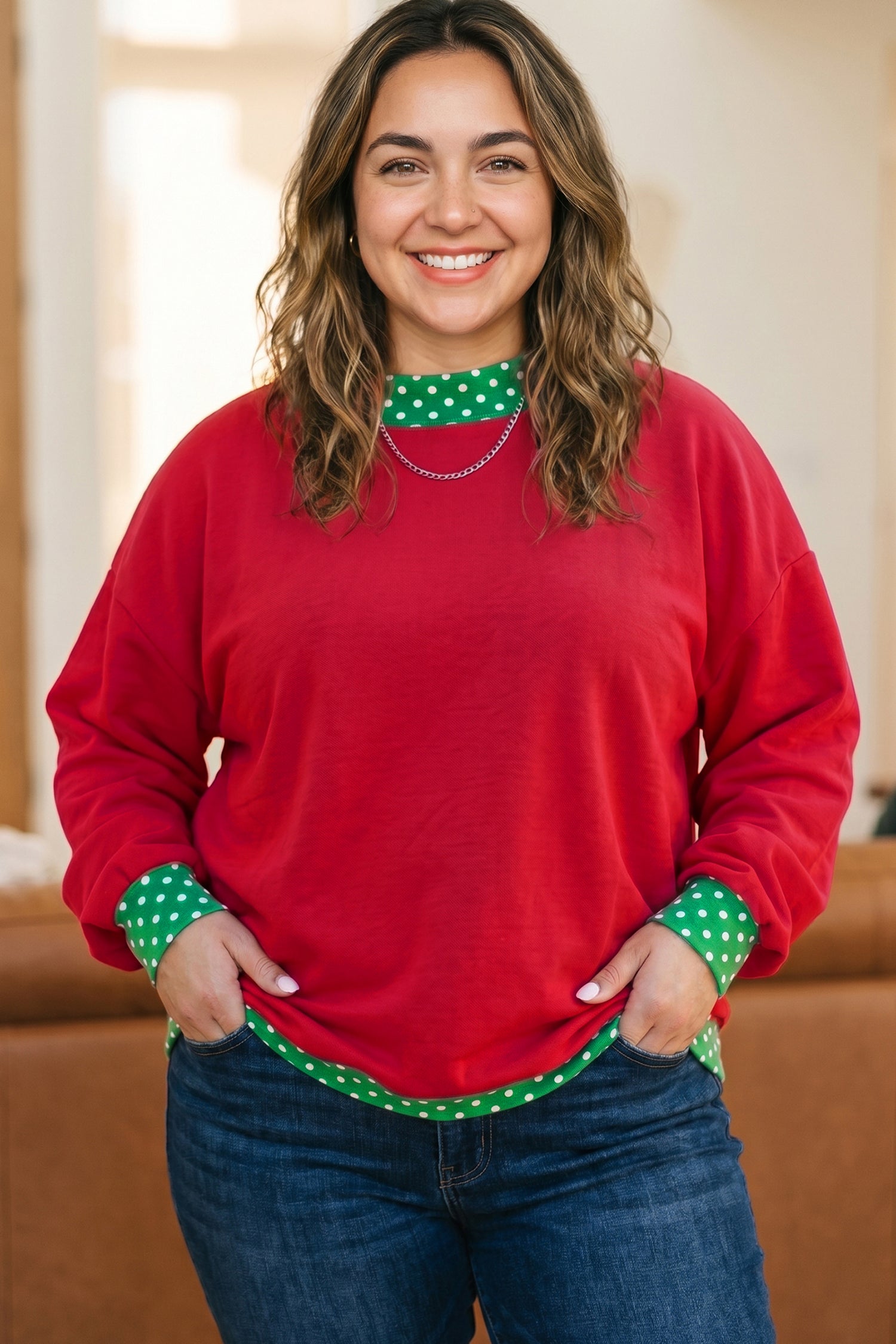 Red Polka Dot Patchwork Round Neck Plus Size Sweatshirt