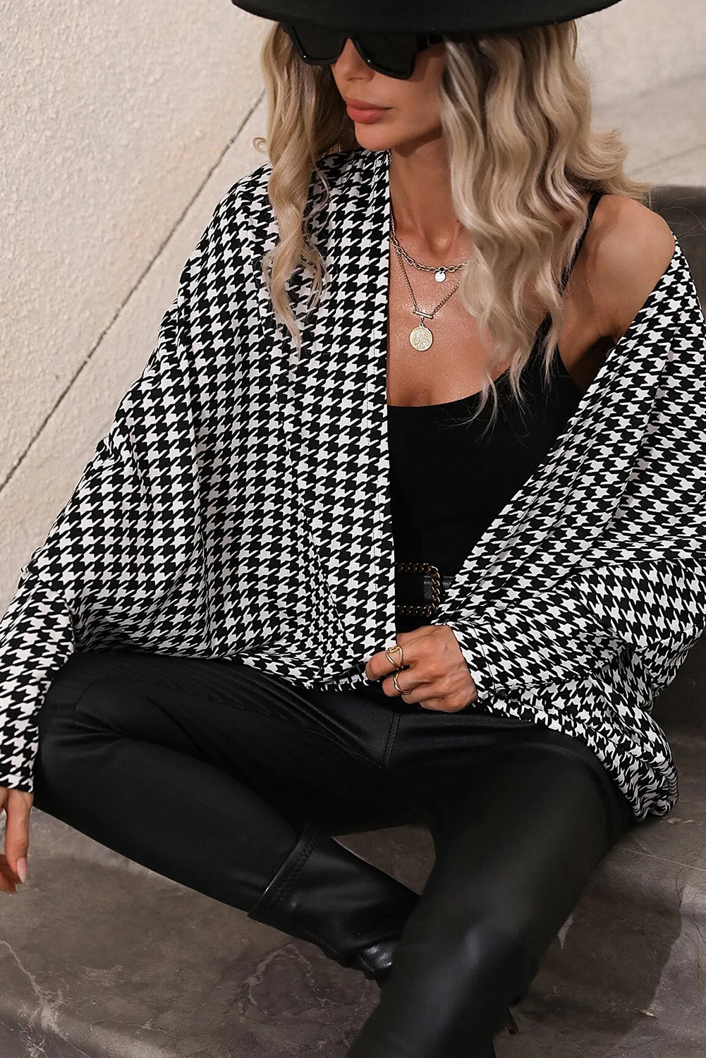 Black Houndstooth Print Open Front Long Dolman Kimonos 🇺🇸