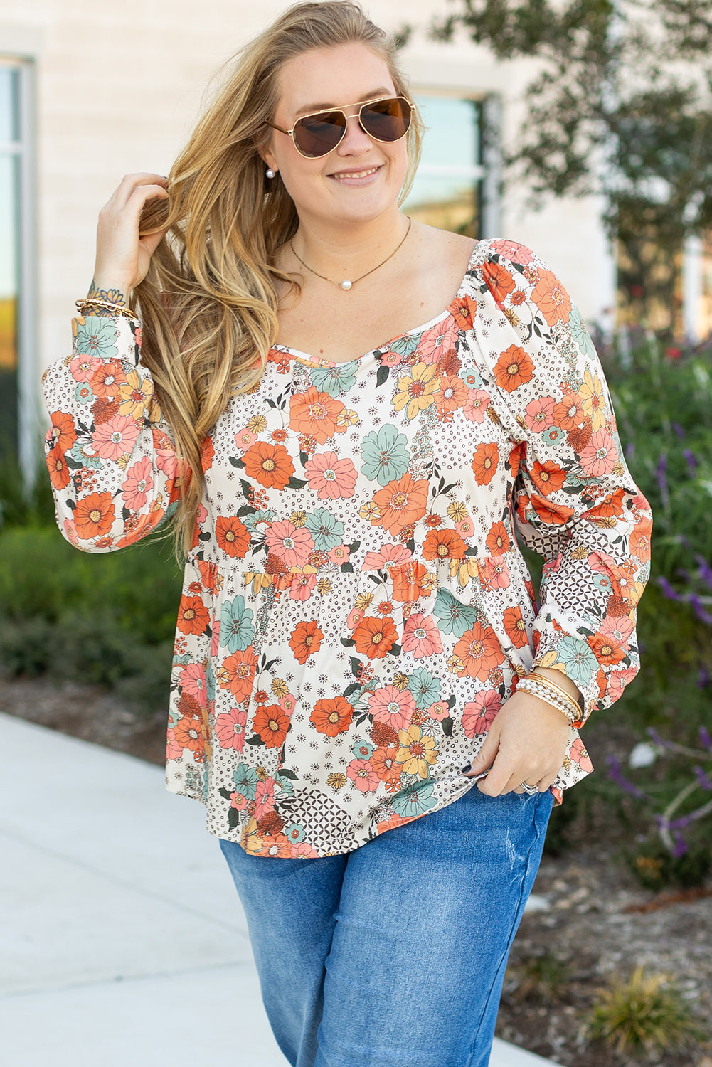 Khaki Plus Size Flower Print Square Neck Peplum Blouse 🇺🇸