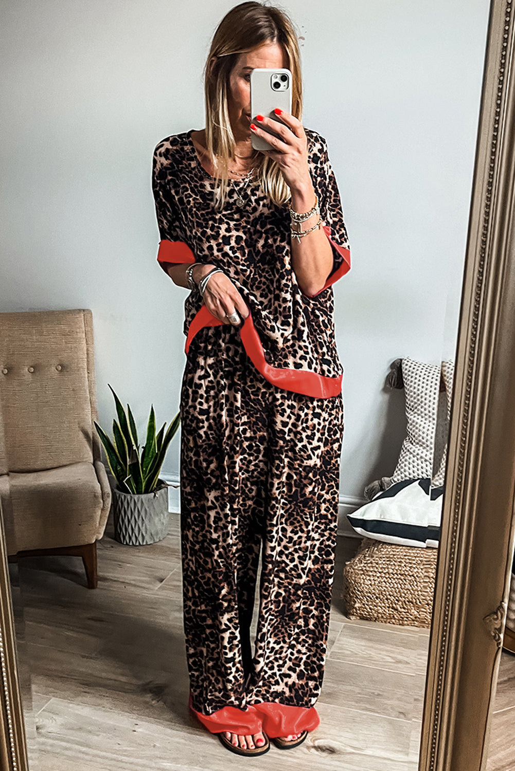 Brown Animal Print Color Contrast Edge Loose Fit Pants Set 🇺🇸