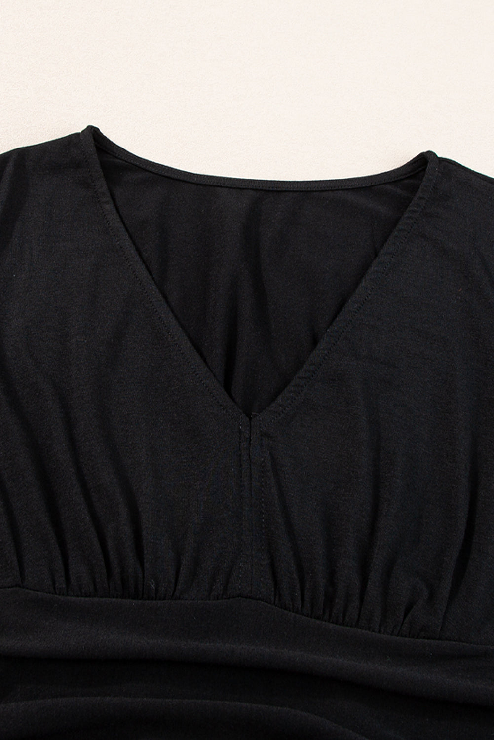Black Short Sleeve Shirred High Waist V Neck Maxi Dress 🇨🇳