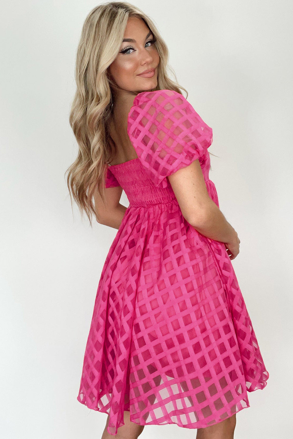 Strawberry Pink Checkered Puff Sleeve Babydoll Dress 🇺🇸