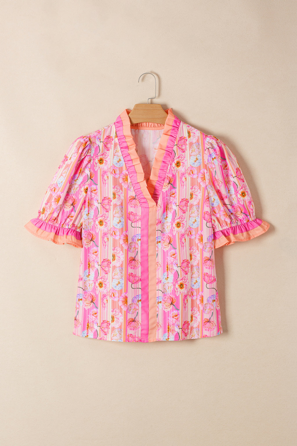Pink Poppy Flower Striped Print Color Block Trim V Neck Short Sleeve Blouse 🇺🇸