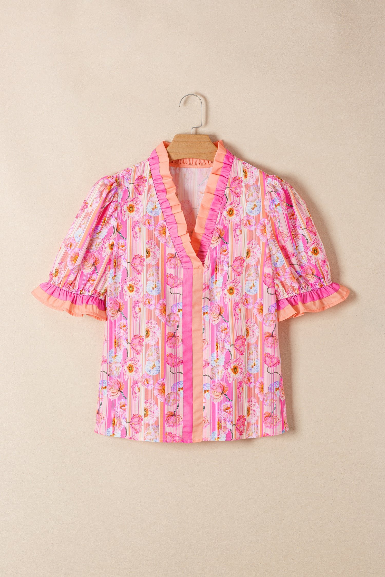 Pink Poppy Flower Striped Print Color Block Trim V Neck Short Sleeve Blouse 🇺🇸