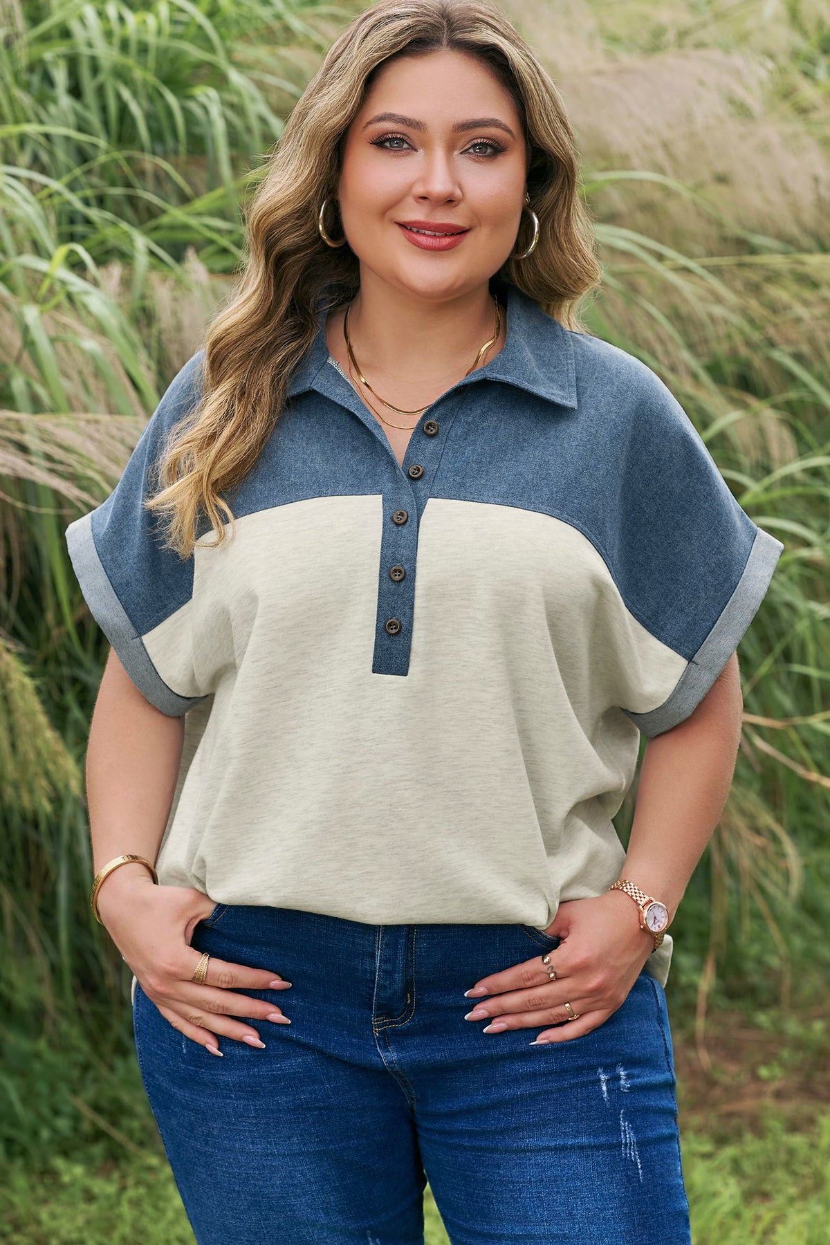 Light Grey Half Buttons Collared Denim Patchwork Plus Short Sleeve Top 🇺🇸